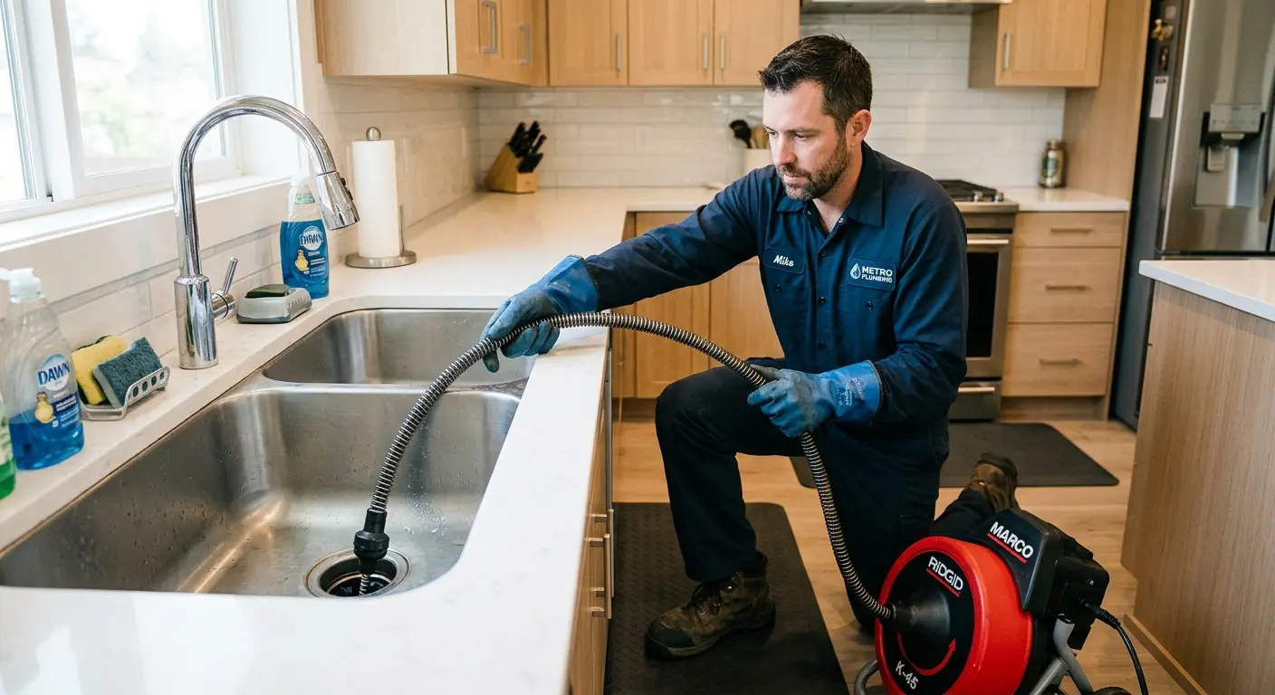 Drain cleaning technician using a motorized snake on a kitchen sink in Saratoga