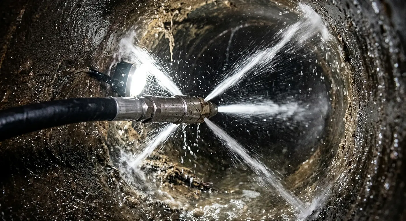 High-pressure hydro jetting nozzle cleaning sewer pipe for Sewer Cleanout in Saratoga