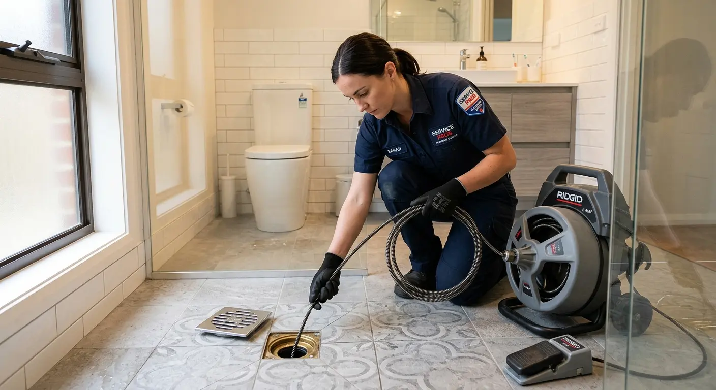 Technician clearing a bathroom floor drain for Drain Repair in Saratoga